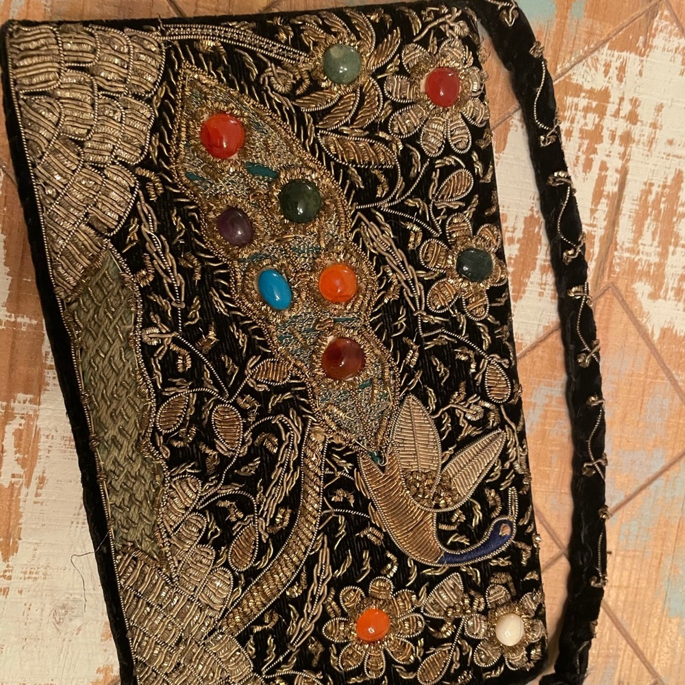 Vintage black embroidered velvet purse with numerous stones!